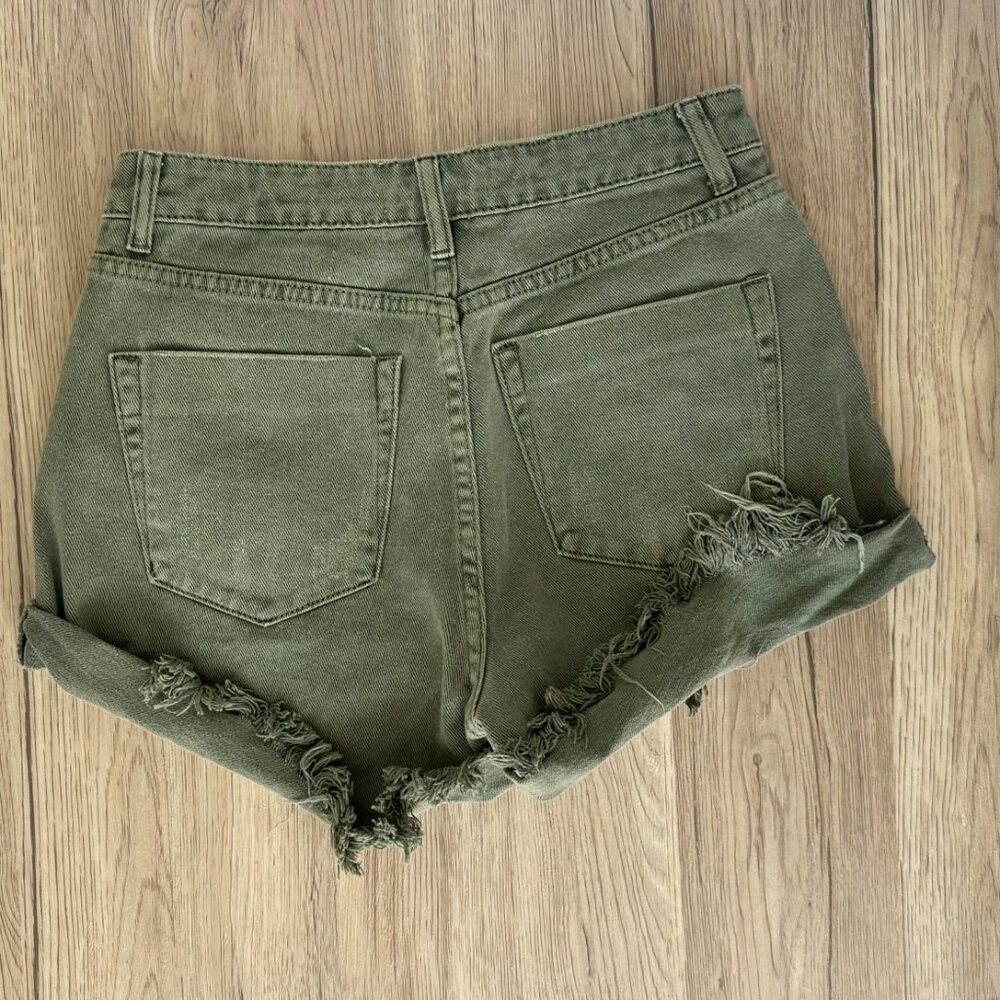 Mustard Seed Distressed Olive Green Denim Shorts - Picture 2 of 6